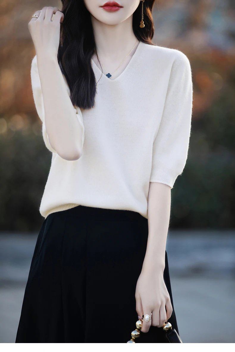 Basics Summer Women Knitwear Merino Wool V-Neck T Shirt Half Sleeve Clothing Tops Solid Pullover Casual Female Tees Outerwear