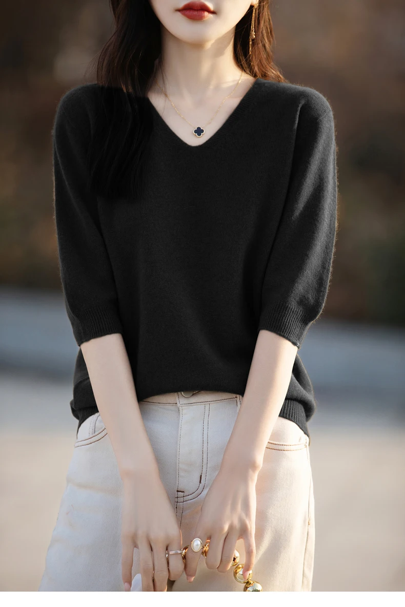 Basics Summer Women Knitwear Merino Wool V-Neck T Shirt Half Sleeve Clothing Tops Solid Pullover Casual Female Tees Outerwear