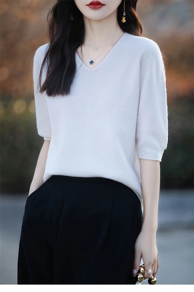Basics Summer Women Knitwear Merino Wool V-Neck T Shirt Half Sleeve Clothing Tops Solid Pullover Casual Female Tees Outerwear