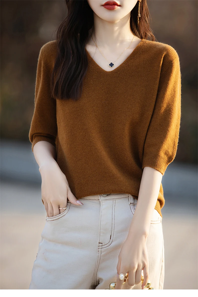Basics Summer Women Knitwear Merino Wool V-Neck T Shirt Half Sleeve Clothing Tops Solid Pullover Casual Female Tees Outerwear