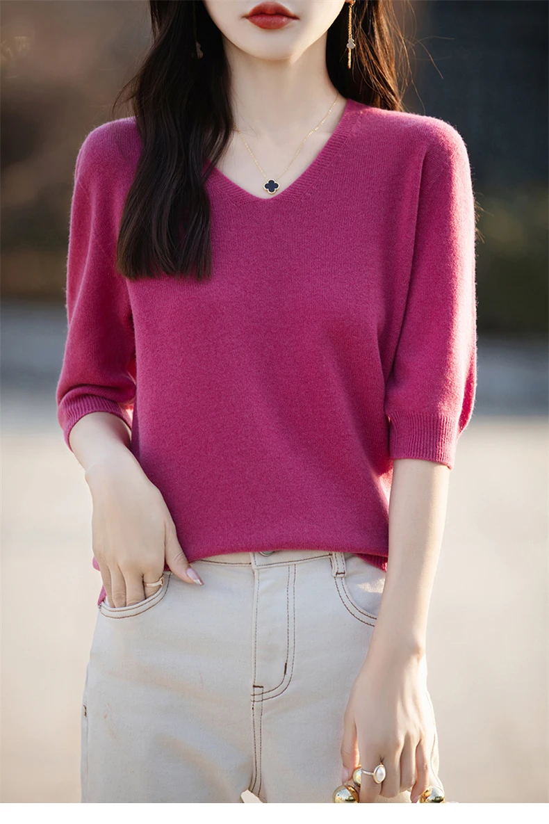 Basics Summer Women Knitwear Merino Wool V-Neck T Shirt Half Sleeve Clothing Tops Solid Pullover Casual Female Tees Outerwear