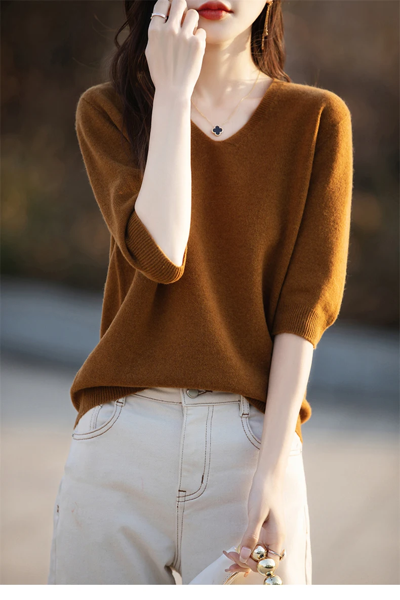 Basics Summer Women Knitwear Merino Wool V-Neck T Shirt Half Sleeve Clothing Tops Solid Pullover Casual Female Tees Outerwear