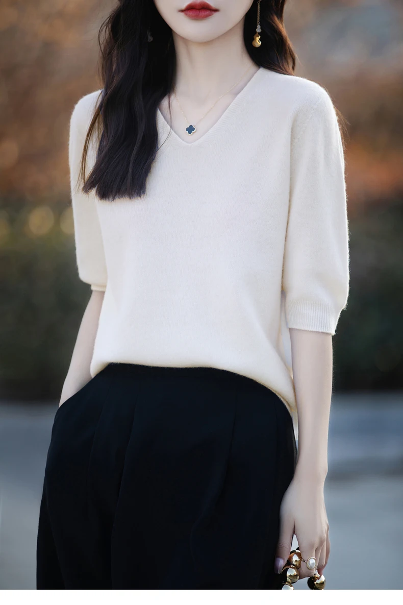 Basics Summer Women Knitwear Merino Wool V-Neck T Shirt Half Sleeve Clothing Tops Solid Pullover Casual Female Tees Outerwear