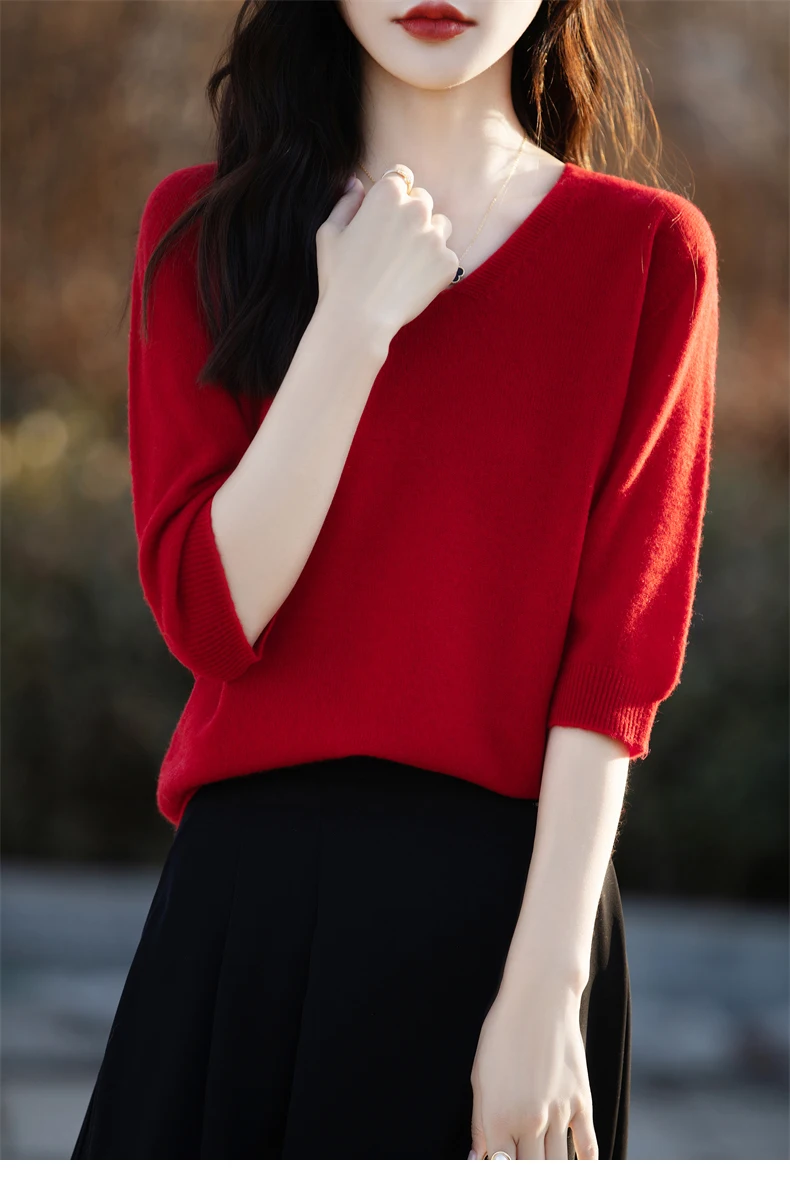 Basics Summer Women Knitwear Merino Wool V-Neck T Shirt Half Sleeve Clothing Tops Solid Pullover Casual Female Tees Outerwear
