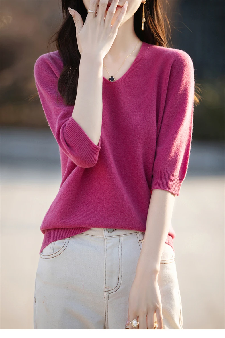 Basics Summer Women Knitwear Merino Wool V-Neck T Shirt Half Sleeve Clothing Tops Solid Pullover Casual Female Tees Outerwear