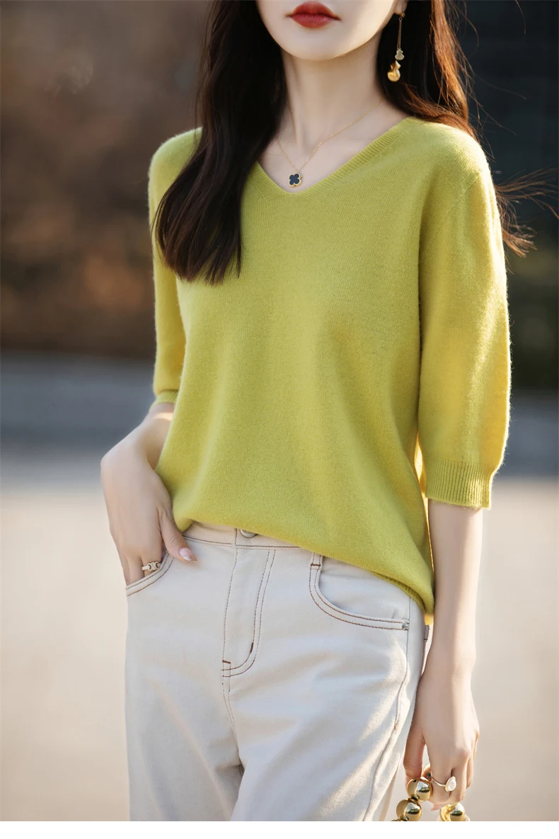 Basics Summer Women Knitwear Merino Wool V-Neck T Shirt Half Sleeve Clothing Tops Solid Pullover Casual Female Tees Outerwear