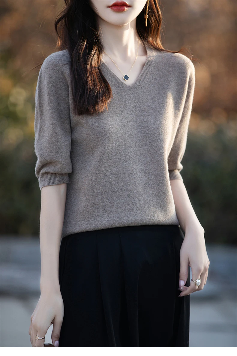 Basics Summer Women Knitwear Merino Wool V-Neck T Shirt Half Sleeve Clothing Tops Solid Pullover Casual Female Tees Outerwear