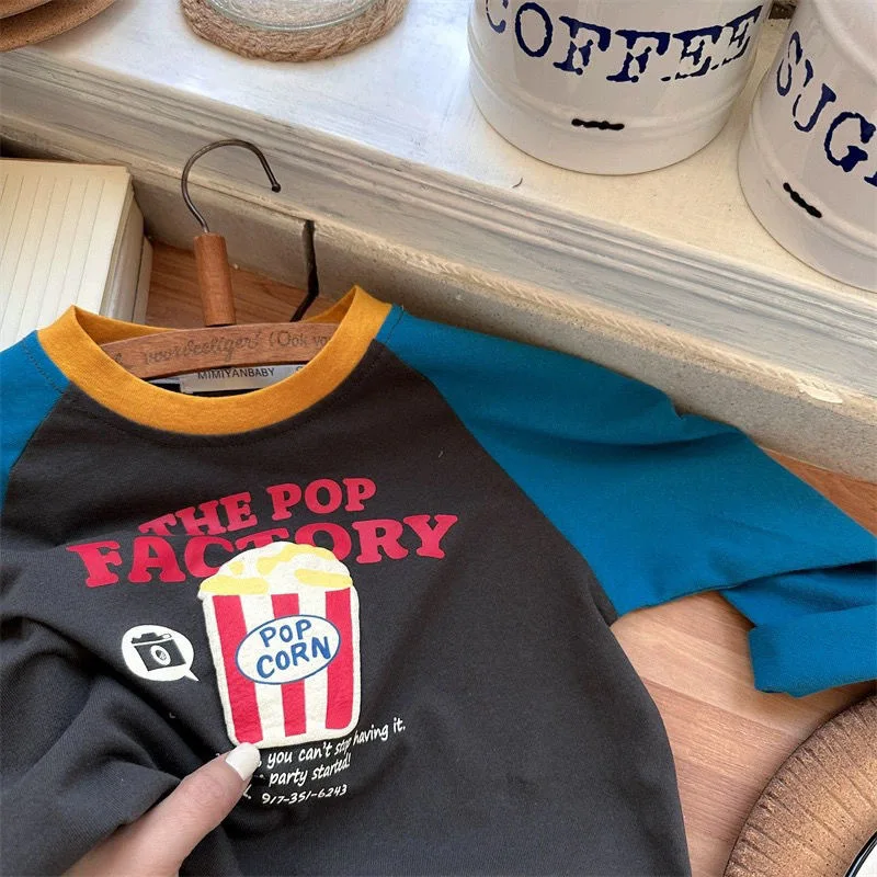 Childrens Boys Long Sleeve T-shirt 2025 Korean Spring Autumn Pure Cotton Boys Tops Cartoon Printed Contrasting Bottom Shirt