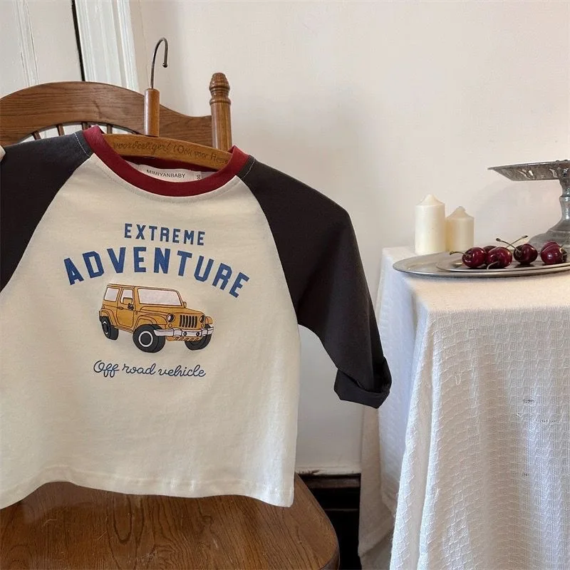 Childrens Boys Long Sleeve T-shirt 2025 Korean Spring Autumn Pure Cotton Boys Tops Cartoon Printed Contrasting Bottom Shirt