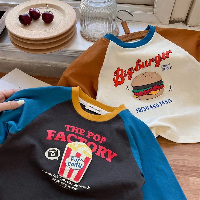 Childrens Boys Long Sleeve T-shirt 2025 Korean Spring Autumn Pure Cotton Boys Tops Cartoon Printed Contrasting Bottom Shirt