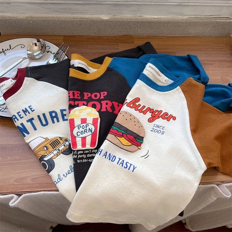 Childrens Boys Long Sleeve T-shirt 2025 Korean Spring Autumn Pure Cotton Boys Tops Cartoon Printed Contrasting Bottom Shirt