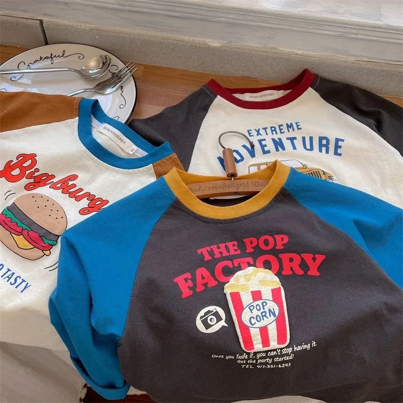 Childrens Boys Long Sleeve T-shirt 2025 Korean Spring Autumn Pure Cotton Boys Tops Cartoon Printed Contrasting Bottom Shirt