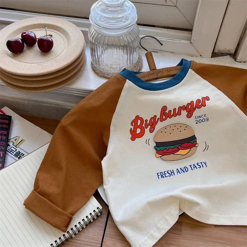 Childrens Boys Long Sleeve T-shirt 2025 Korean Spring Autumn Pure Cotton Boys Tops Cartoon Printed Contrasting Bottom Shirt