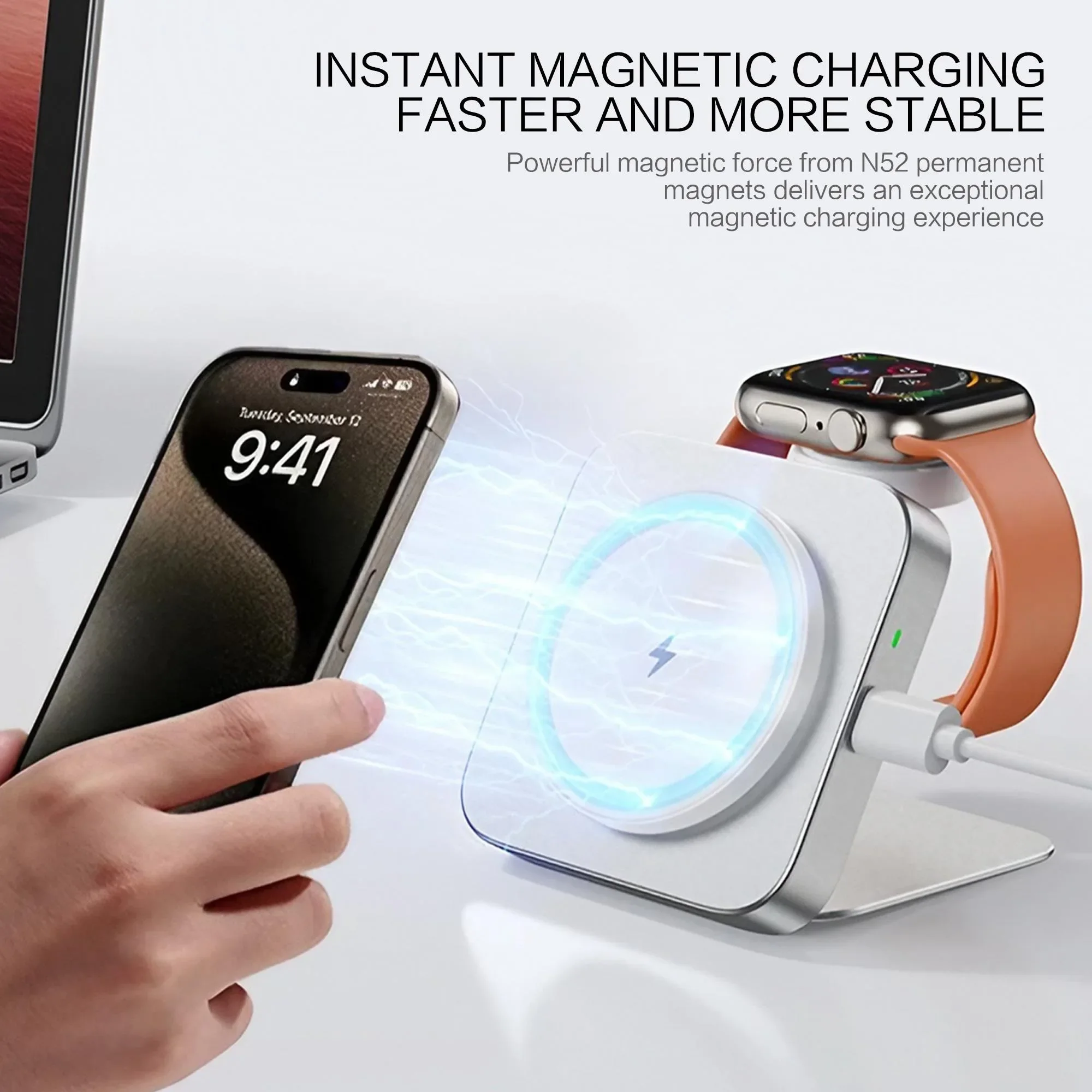 15W Fast Wireless Charger Magnetic 2 in 1 Foldable Wireless Charging Station Fast Charging Phone Stand Portable Aluminum Magneti