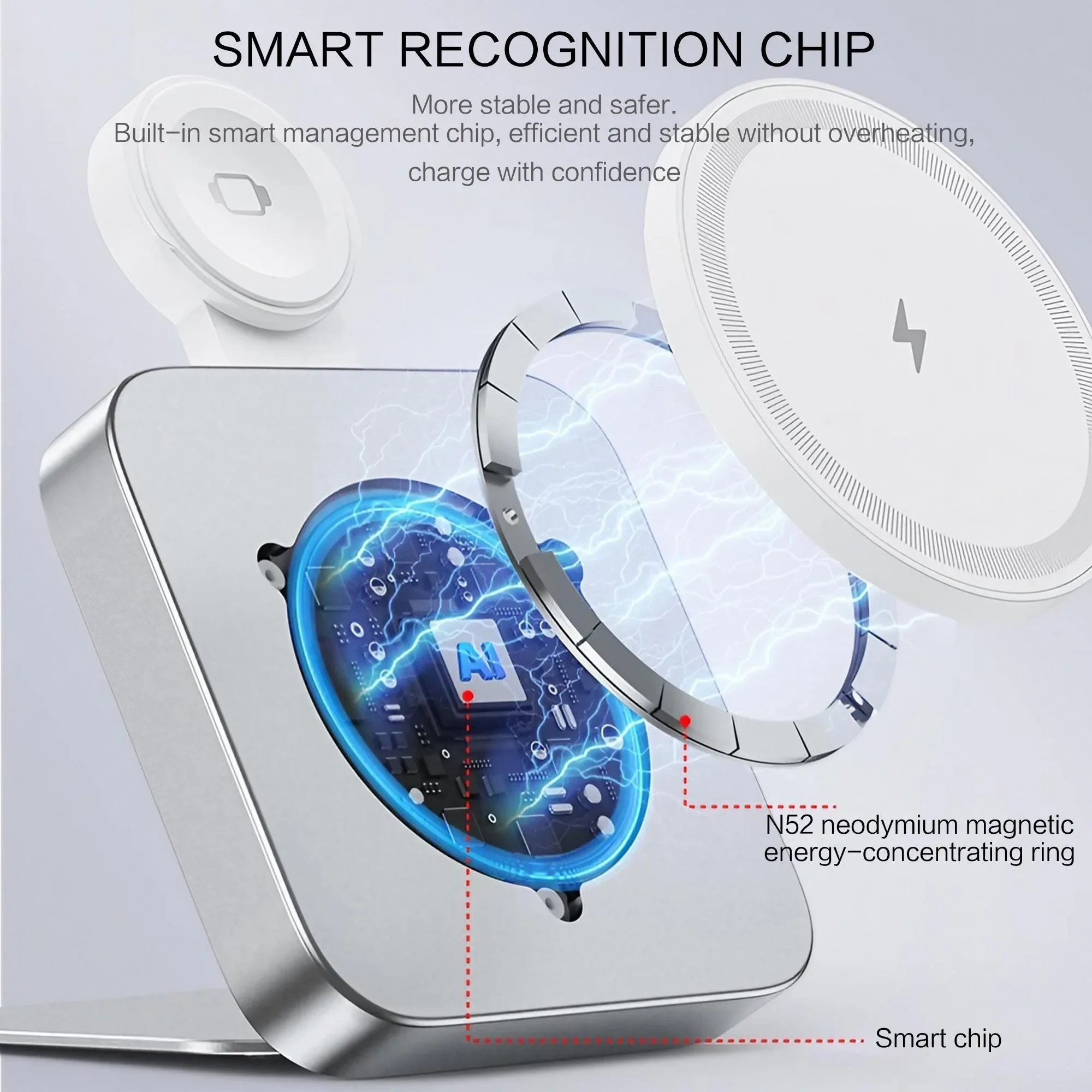 15W Fast Wireless Charger Magnetic 2 in 1 Foldable Wireless Charging Station Fast Charging Phone Stand Portable Aluminum Magneti