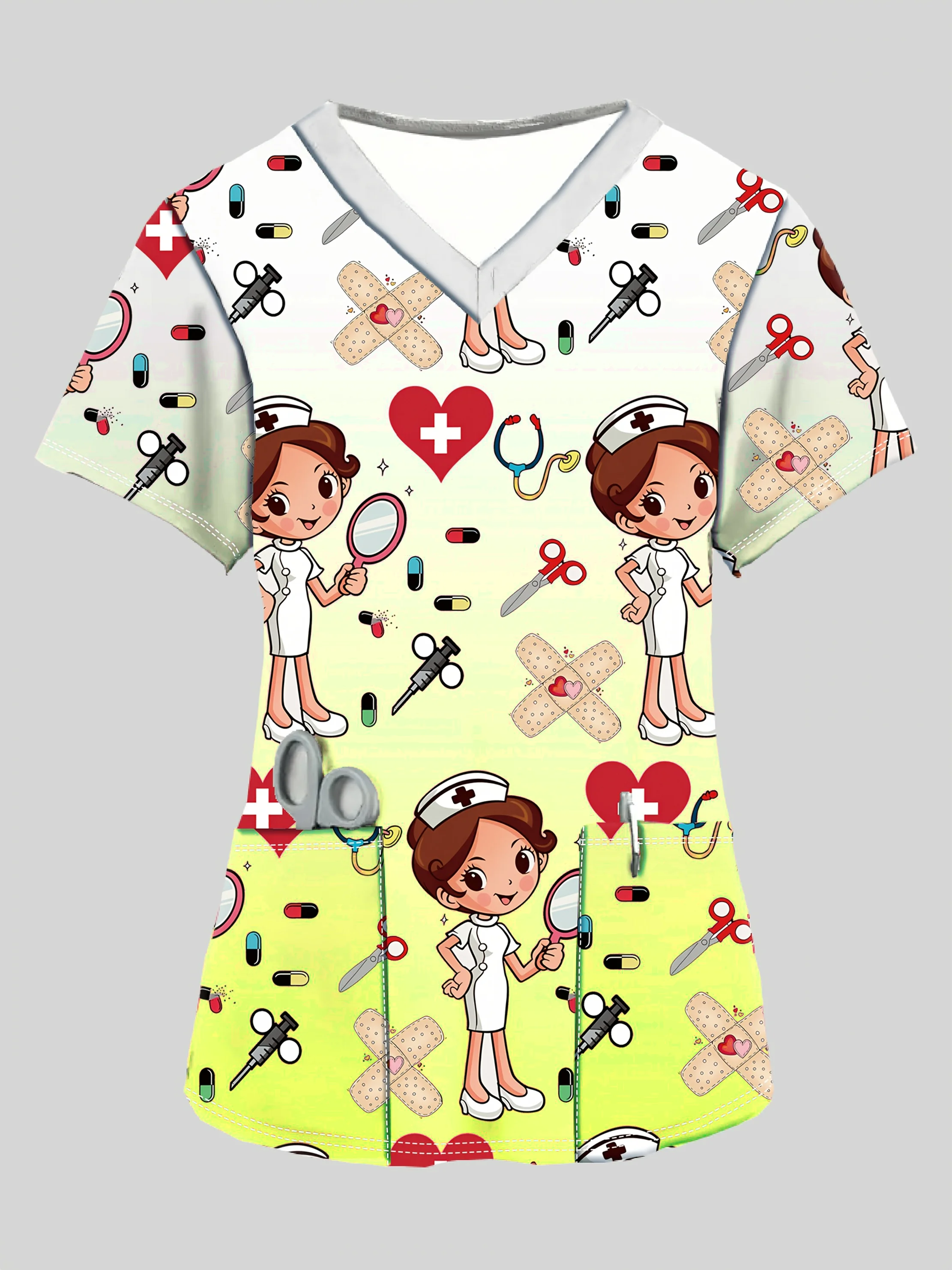 Women's Cartoon Full Body Print V Neck Nurse Surgical Gown Top with Pockets Comfortable Polyester Short Sleeve Work Clothes