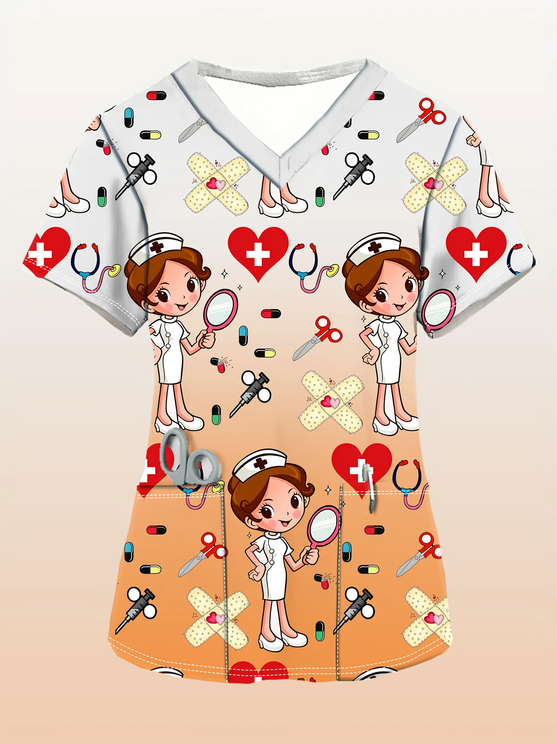 Women's Cartoon Full Body Print V Neck Nurse Surgical Gown Top with Pockets Comfortable Polyester Short Sleeve Work Clothes