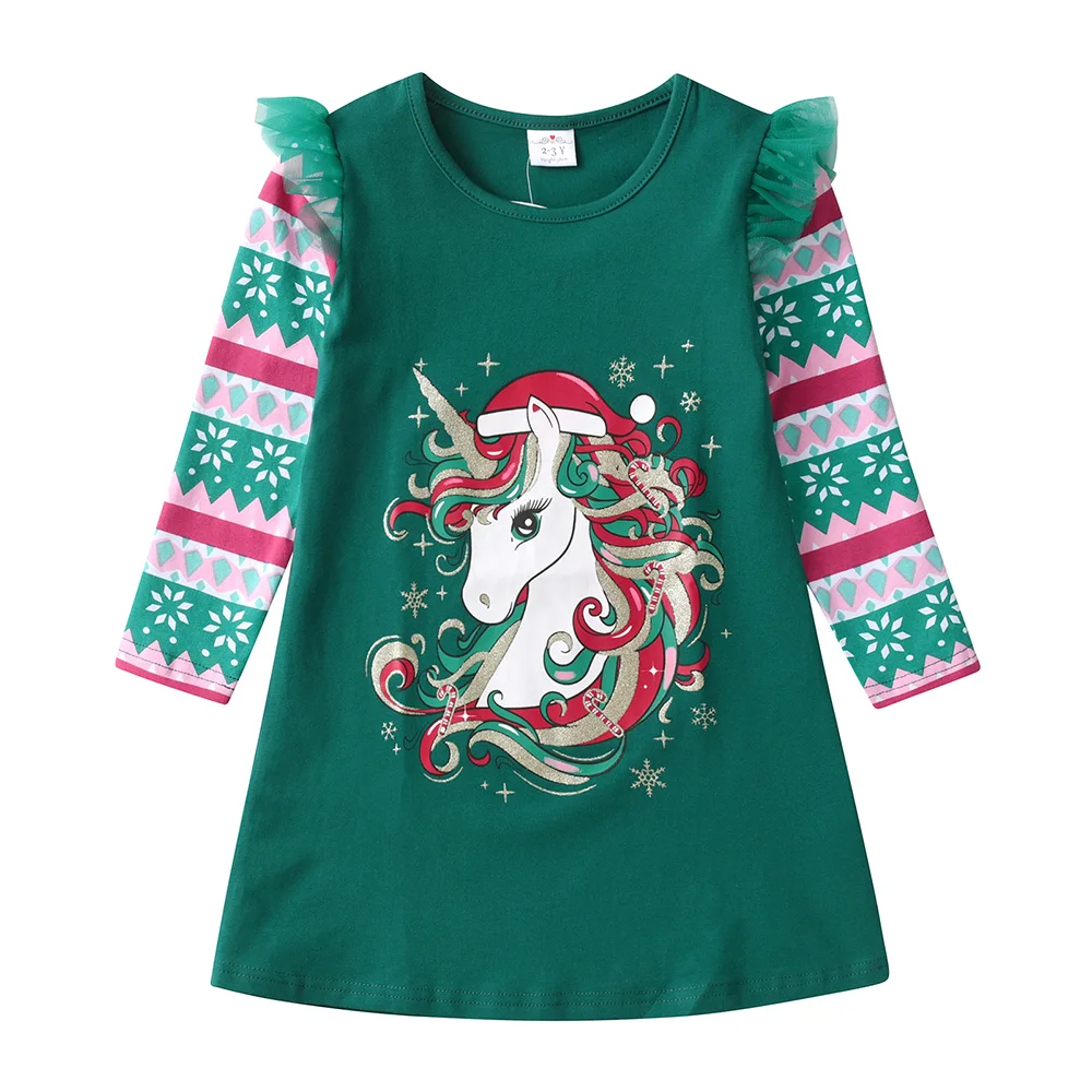 VIKITA Girls Christmas New Year Gift Dress Kids Licorne Snowflakes Green Autumn Spring Fall Flare Sleeve Cotton Straight Dresses