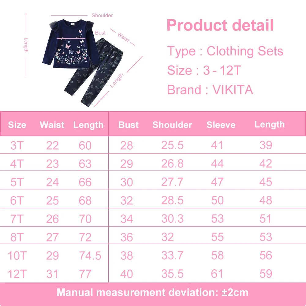 VIKITA Girls Autumn Spring Clothing Sets Kids Butterfly Print Long Sleeve Cotton Casual T Shirt and Trousers Suit 2 Pcs Clothes