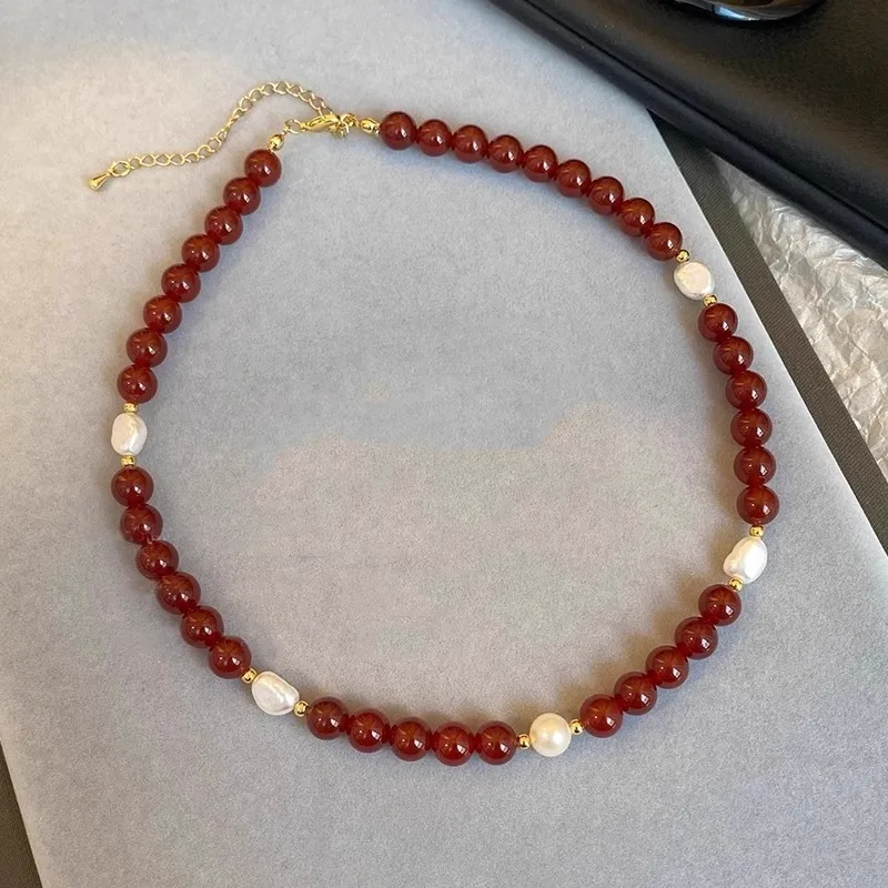 100% Natural Freshwater Pearl & Red Agate Stone 14K Gold Filled Female Beads Chain Necklace Jewelry For Women Birthday Gifts