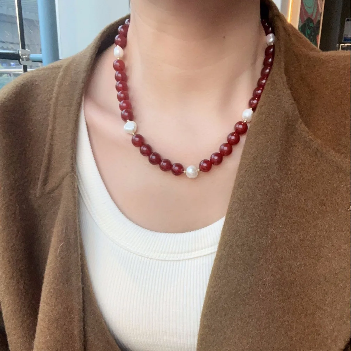 100% Natural Freshwater Pearl & Red Agate Stone 14K Gold Filled Female Beads Chain Necklace Jewelry For Women Birthday Gifts