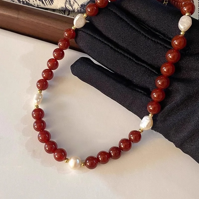 100% Natural Freshwater Pearl & Red Agate Stone 14K Gold Filled Female Beads Chain Necklace Jewelry For Women Birthday Gifts