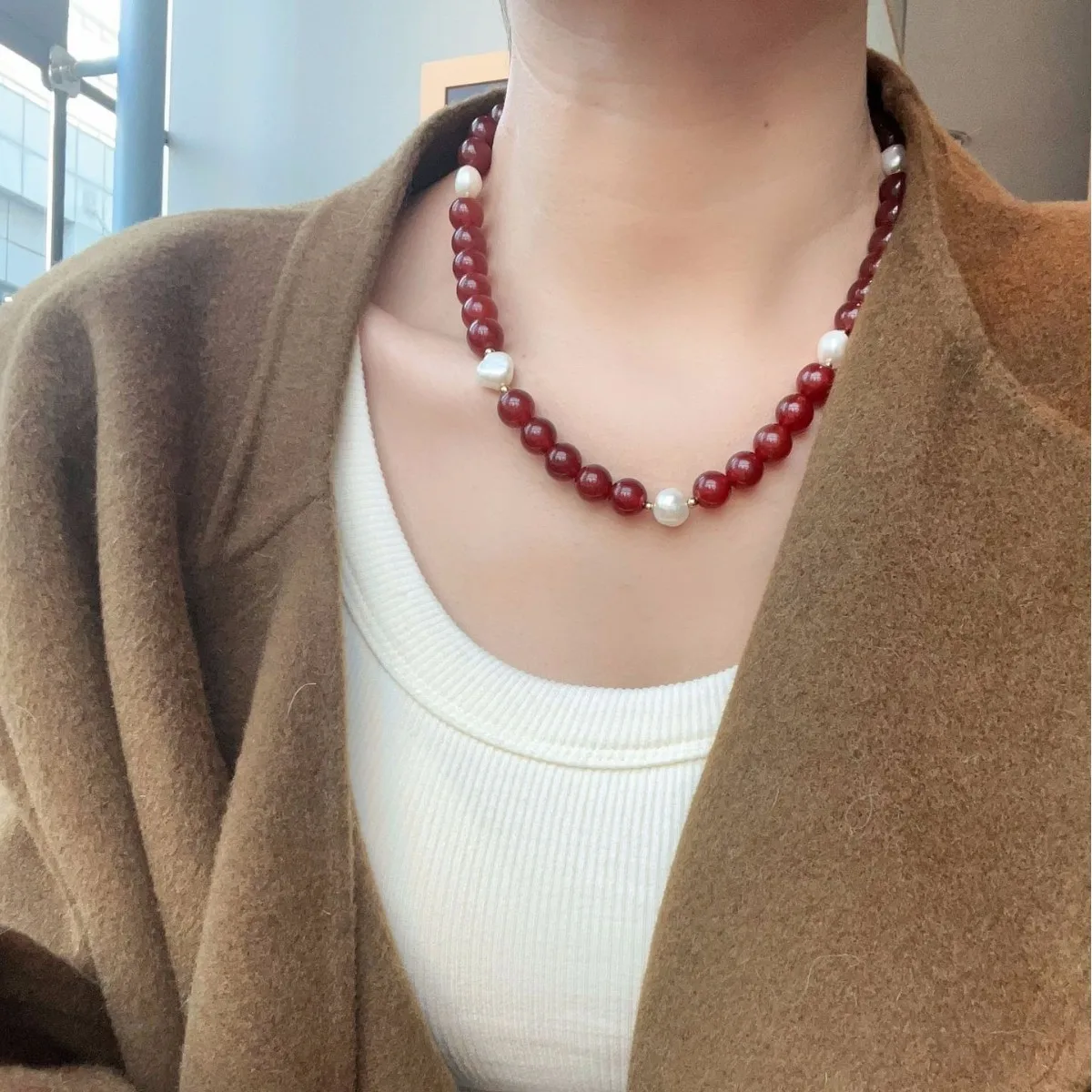 100% Natural Freshwater Pearl & Red Agate Stone 14K Gold Filled Female Beads Chain Necklace Jewelry For Women Birthday Gifts