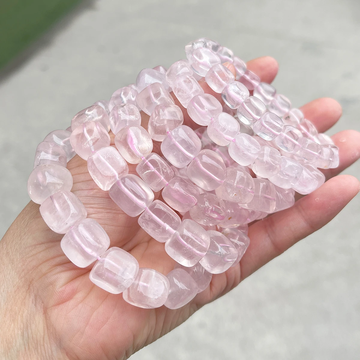 JD Natural Pink Quartz Polished Square Bead Strand Bracelets Women Charm Reiki Healing Strand Bangles Couple Party Jewelry Gift