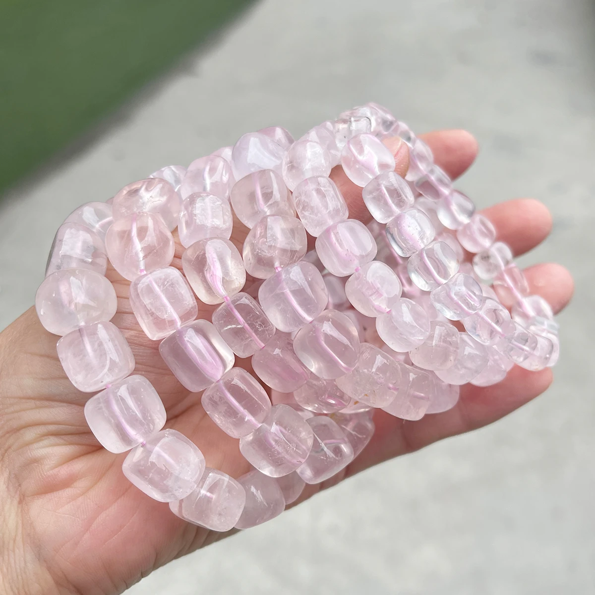 JD Natural Pink Quartz Polished Square Bead Strand Bracelets Women Charm Reiki Healing Strand Bangles Couple Party Jewelry Gift