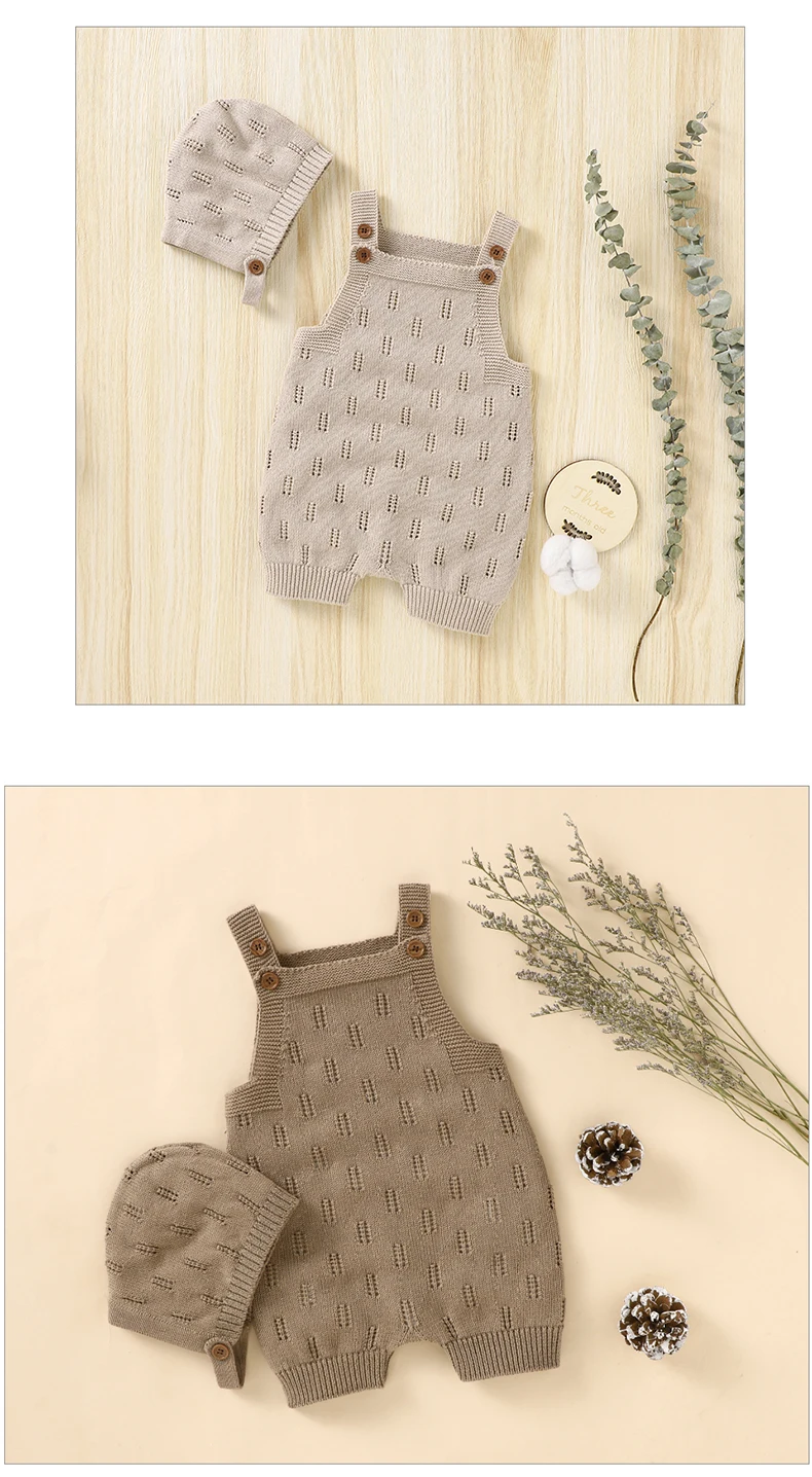 Cotton Baby Rompers Knit Infant Newborn Boys Jumpsuit Sleeveless Summer Toddler Girl Kid Clothing Hat Fashion Solid 2pcs Outfits