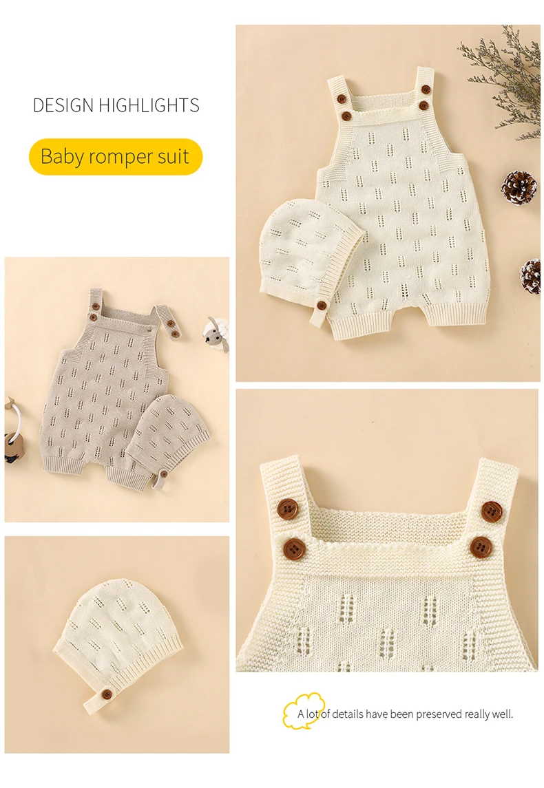 Cotton Baby Rompers Knit Infant Newborn Boys Jumpsuit Sleeveless Summer Toddler Girl Kid Clothing Hat Fashion Solid 2pcs Outfits