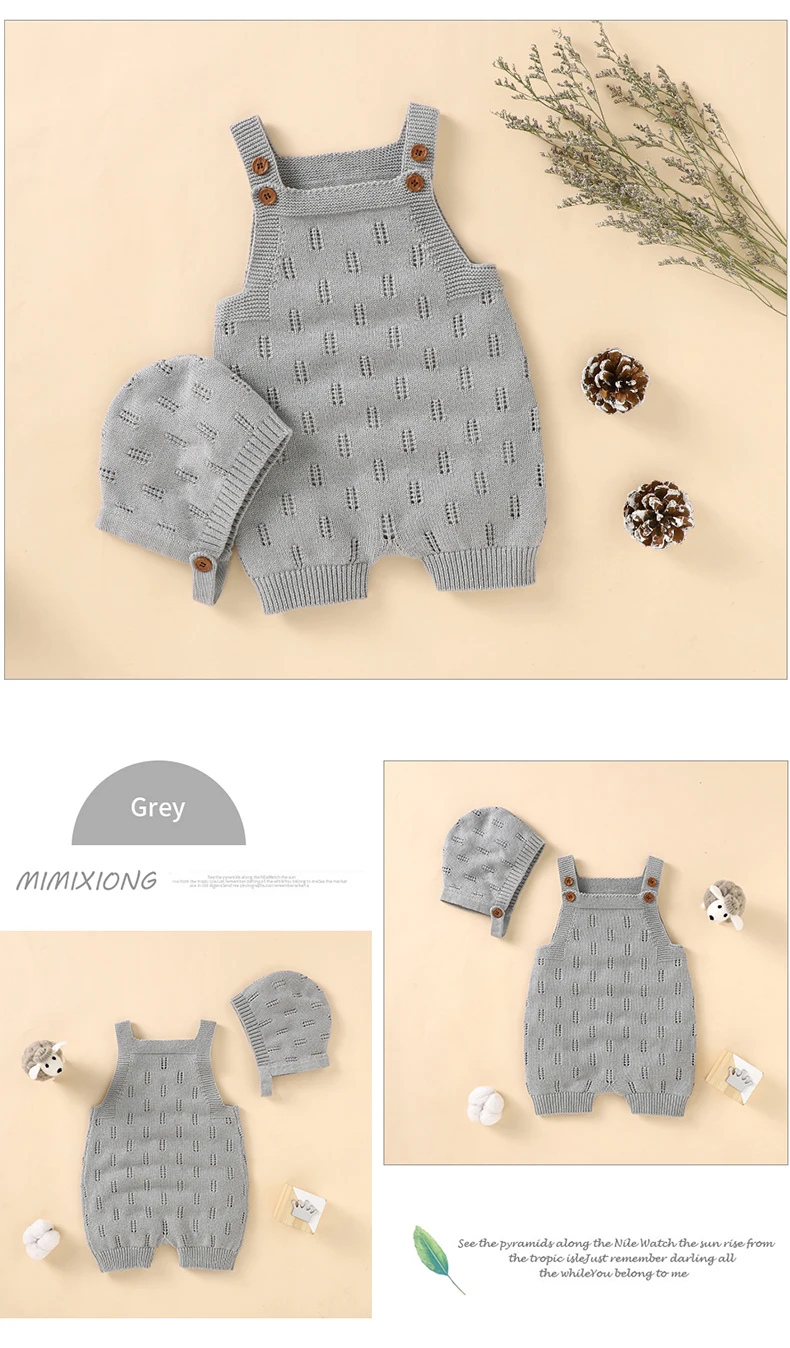 Cotton Baby Rompers Knit Infant Newborn Boys Jumpsuit Sleeveless Summer Toddler Girl Kid Clothing Hat Fashion Solid 2pcs Outfits