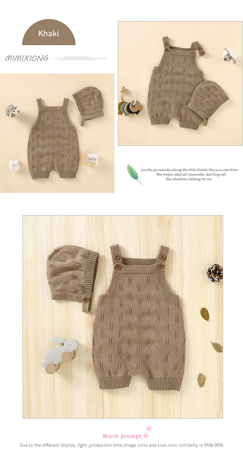 Cotton Baby Rompers Knit Infant Newborn Boys Jumpsuit Sleeveless Summer Toddler Girl Kid Clothing Hat Fashion Solid 2pcs Outfits