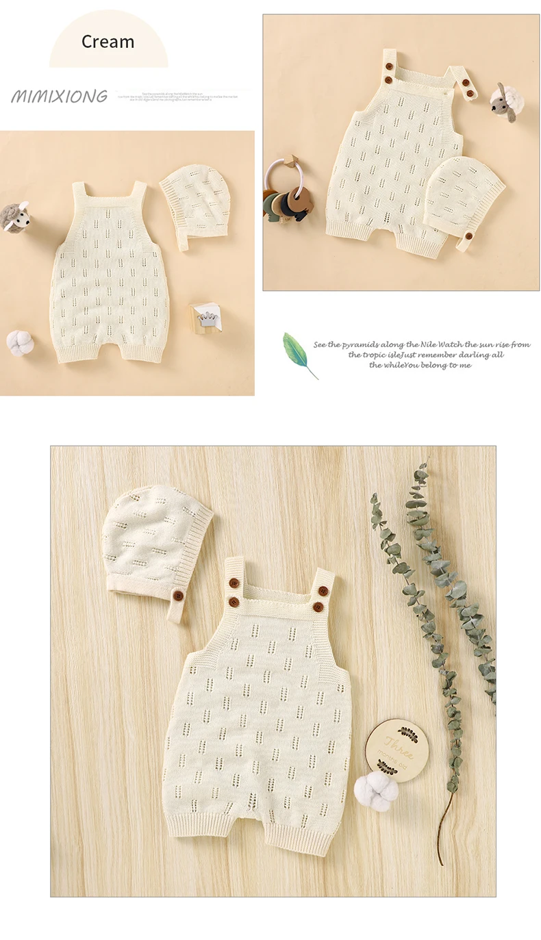 Cotton Baby Rompers Knit Infant Newborn Boys Jumpsuit Sleeveless Summer Toddler Girl Kid Clothing Hat Fashion Solid 2pcs Outfits