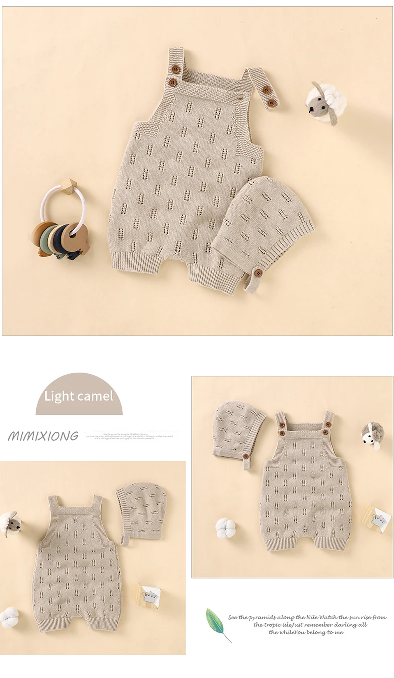 Cotton Baby Rompers Knit Infant Newborn Boys Jumpsuit Sleeveless Summer Toddler Girl Kid Clothing Hat Fashion Solid 2pcs Outfits