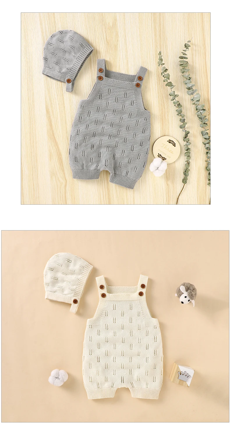 Cotton Baby Rompers Knit Infant Newborn Boys Jumpsuit Sleeveless Summer Toddler Girl Kid Clothing Hat Fashion Solid 2pcs Outfits