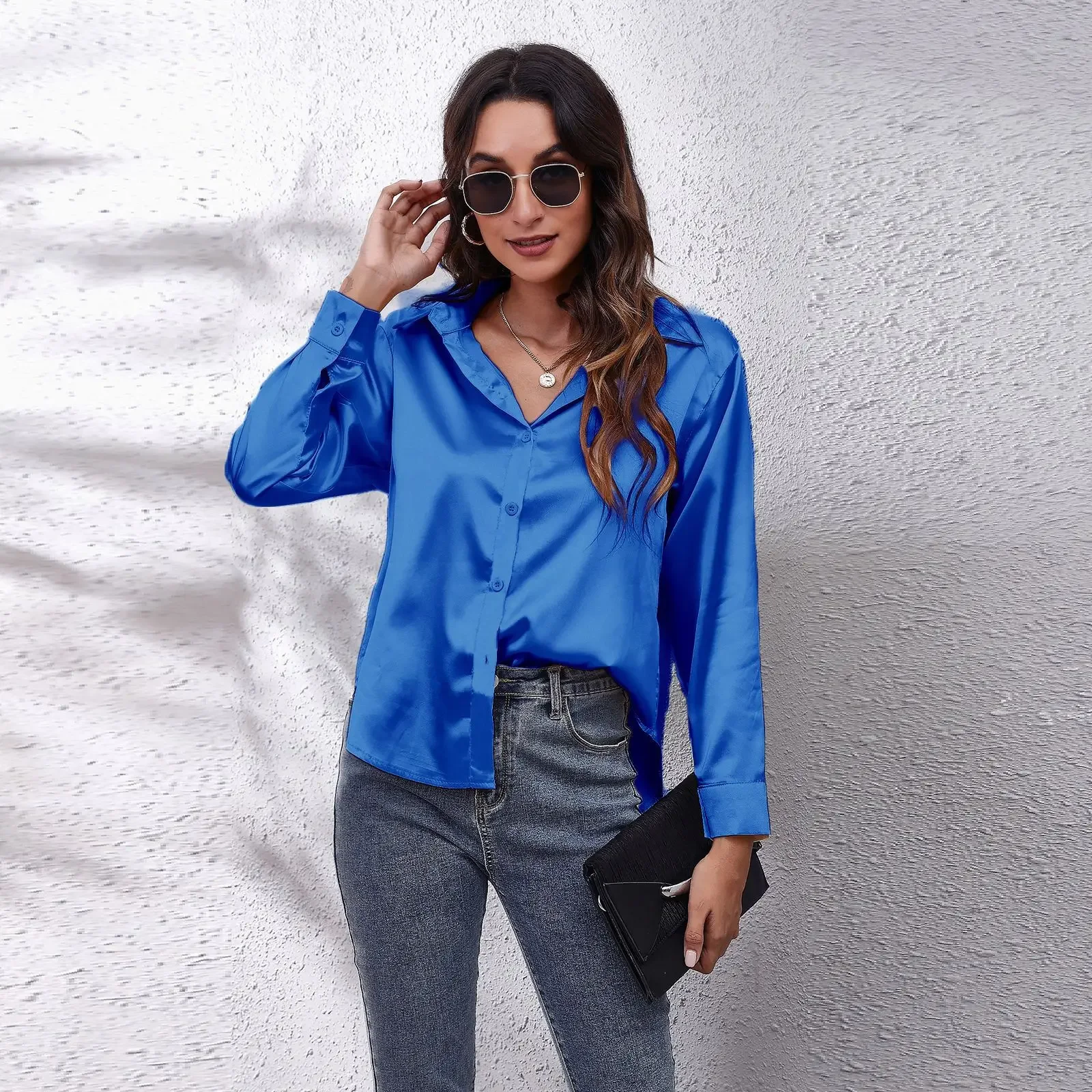Autumn Women Solid Satin Shirt Long Sleeve Imitation Silk Loose Button Up Blouse Shirt Ladies Tops Fashion Clothing