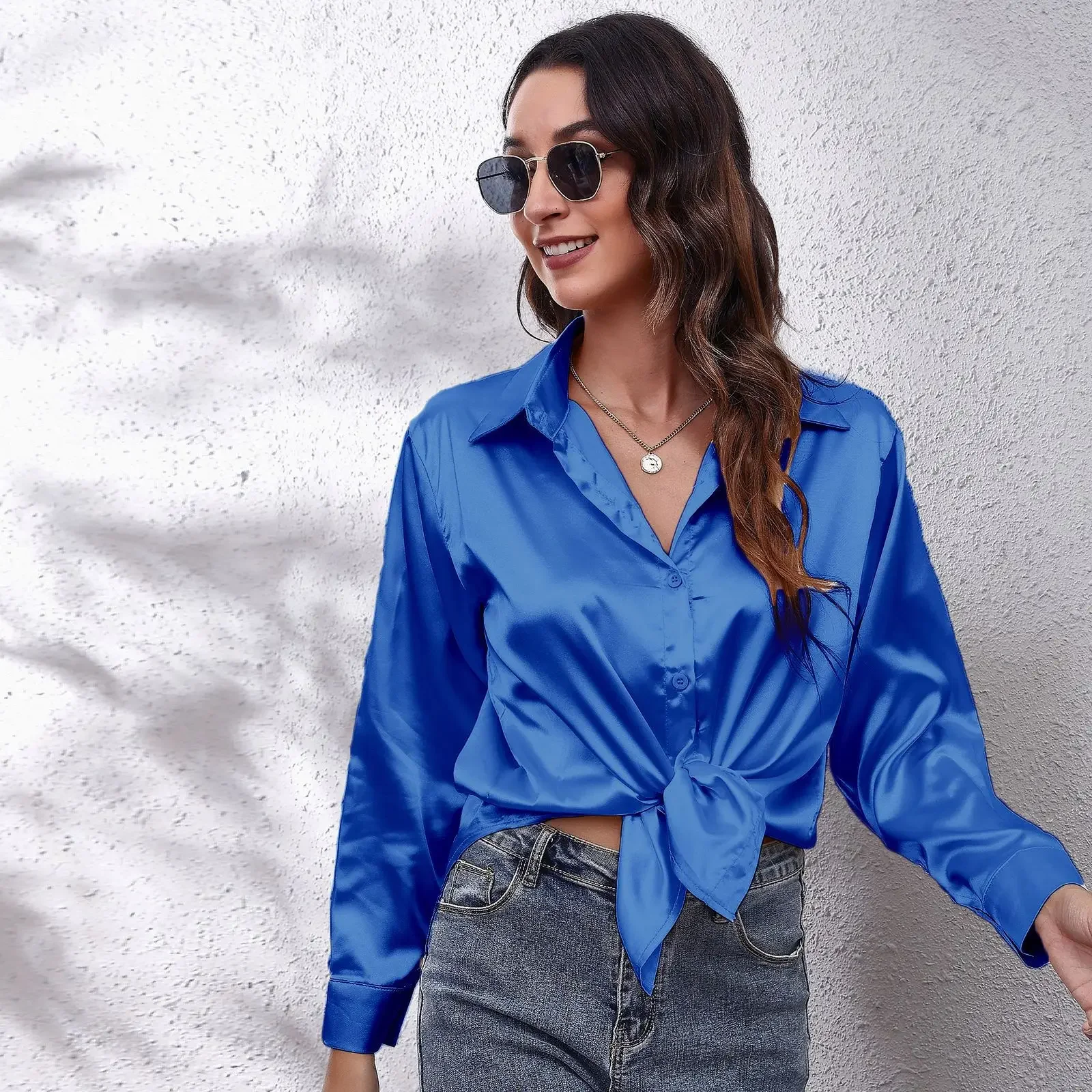 Autumn Women Solid Satin Shirt Long Sleeve Imitation Silk Loose Button Up Blouse Shirt Ladies Tops Fashion Clothing