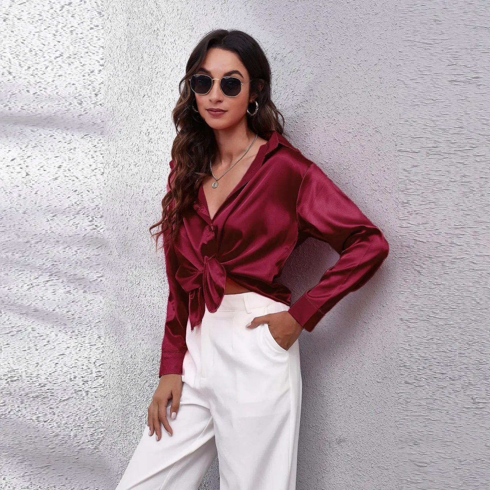 Autumn Women Solid Satin Shirt Long Sleeve Imitation Silk Loose Button Up Blouse Shirt Ladies Tops Fashion Clothing