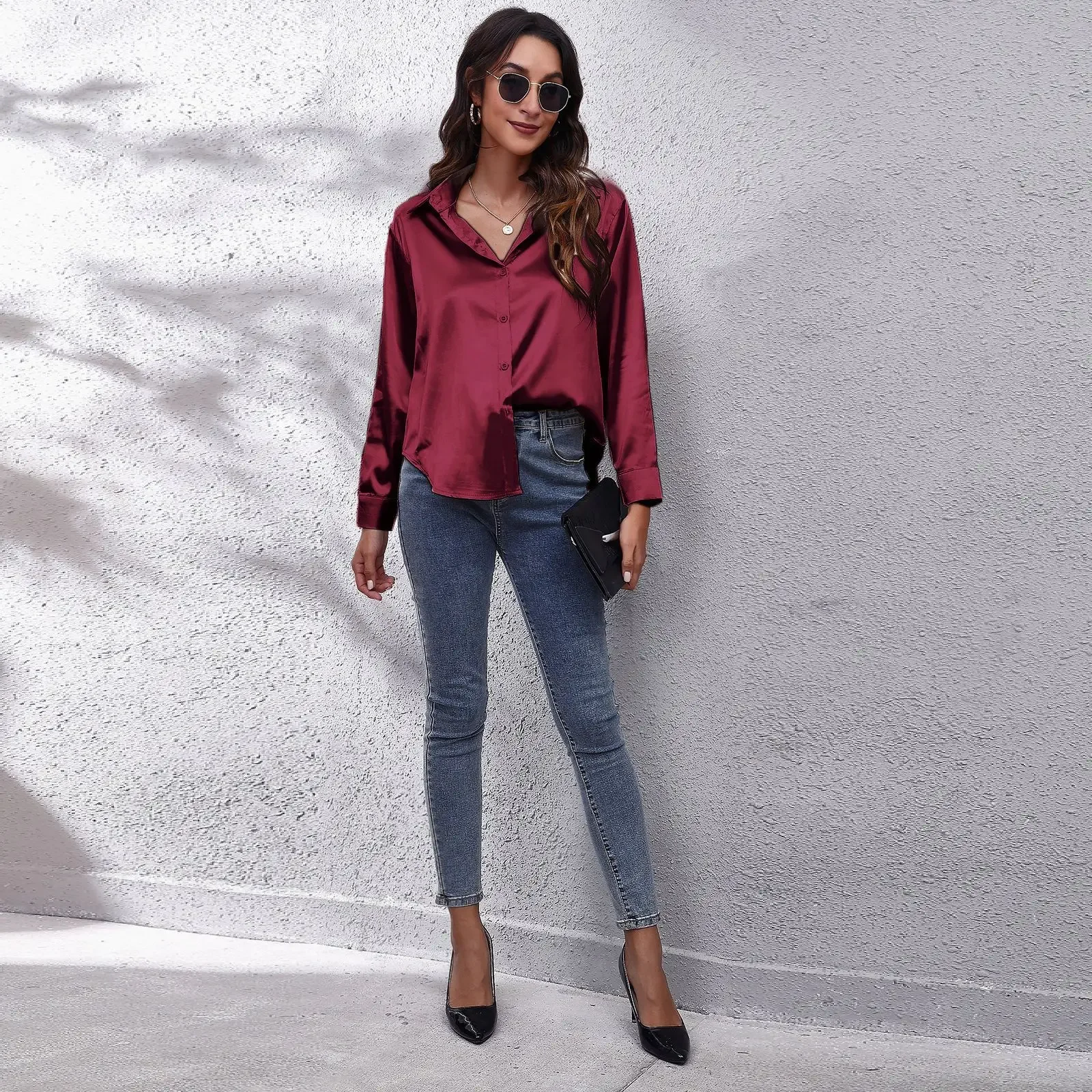 Autumn Women Solid Satin Shirt Long Sleeve Imitation Silk Loose Button Up Blouse Shirt Ladies Tops Fashion Clothing
