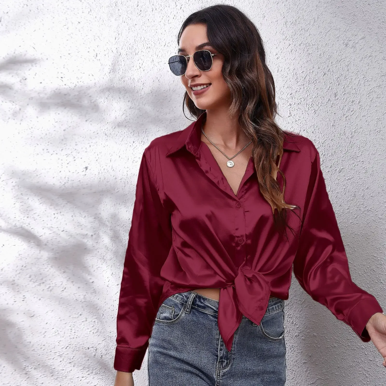 Autumn Women Solid Satin Shirt Long Sleeve Imitation Silk Loose Button Up Blouse Shirt Ladies Tops Fashion Clothing