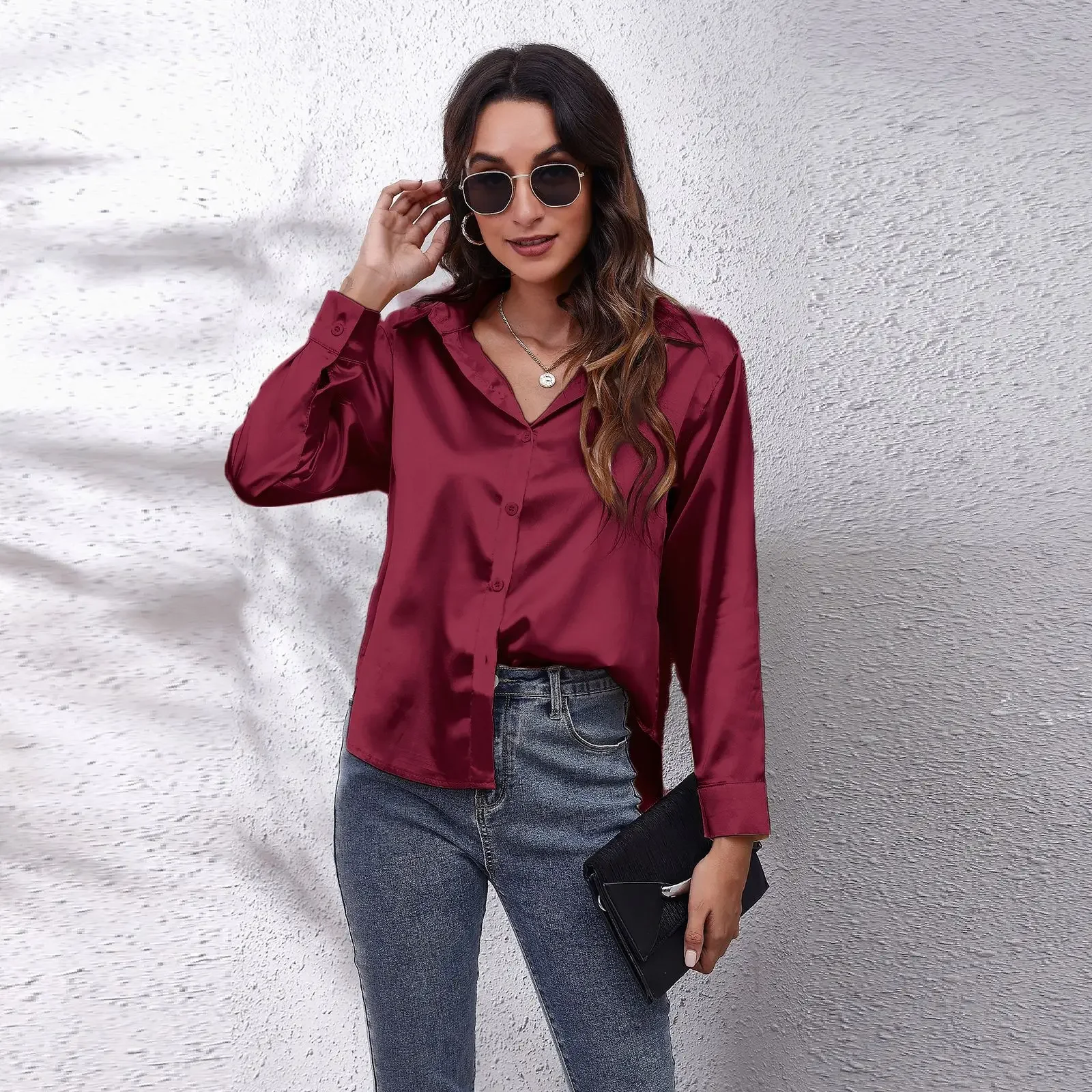 Autumn Women Solid Satin Shirt Long Sleeve Imitation Silk Loose Button Up Blouse Shirt Ladies Tops Fashion Clothing
