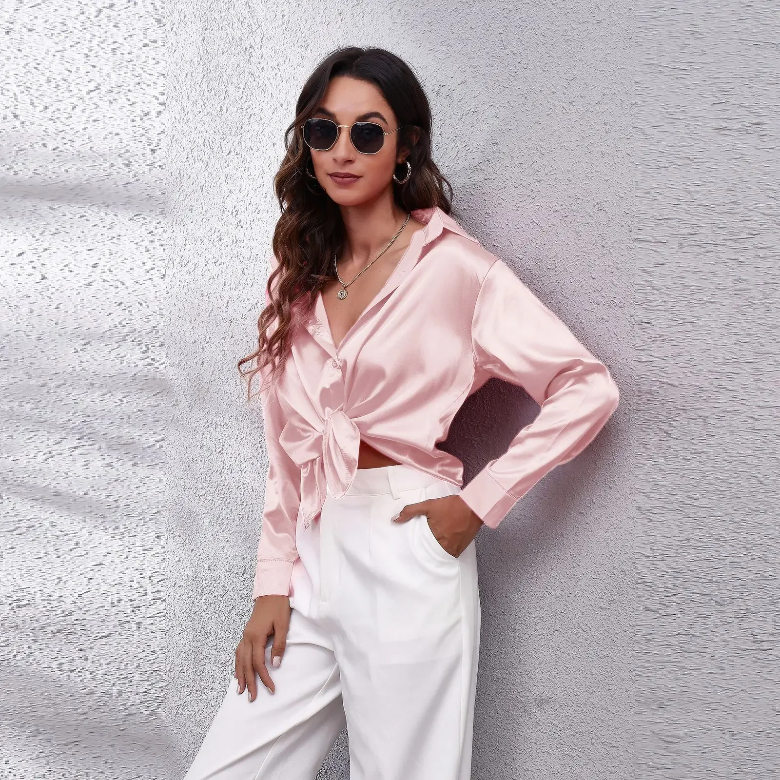 Autumn Women Solid Satin Shirt Long Sleeve Imitation Silk Loose Button Up Blouse Shirt Ladies Tops Fashion Clothing