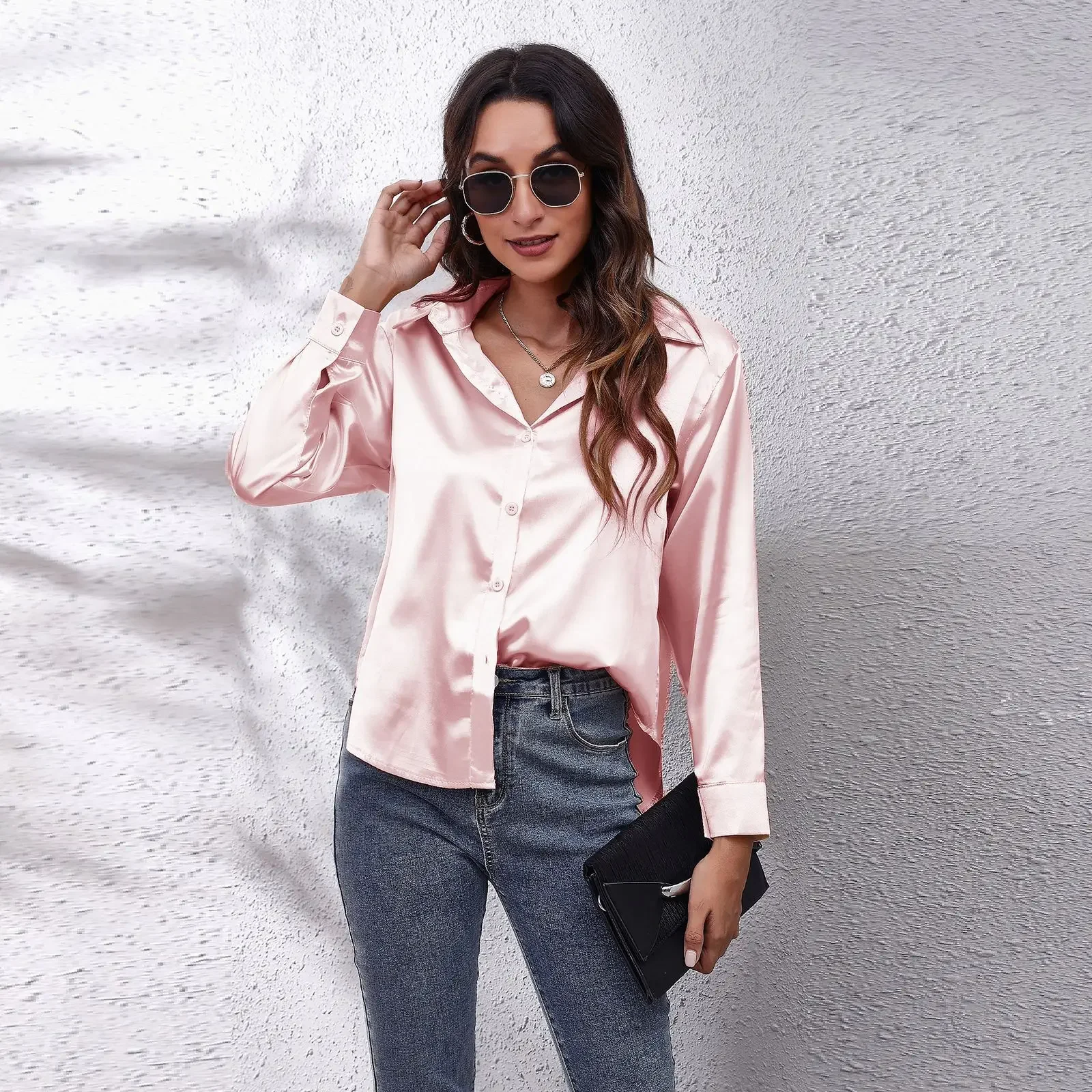 Autumn Women Solid Satin Shirt Long Sleeve Imitation Silk Loose Button Up Blouse Shirt Ladies Tops Fashion Clothing