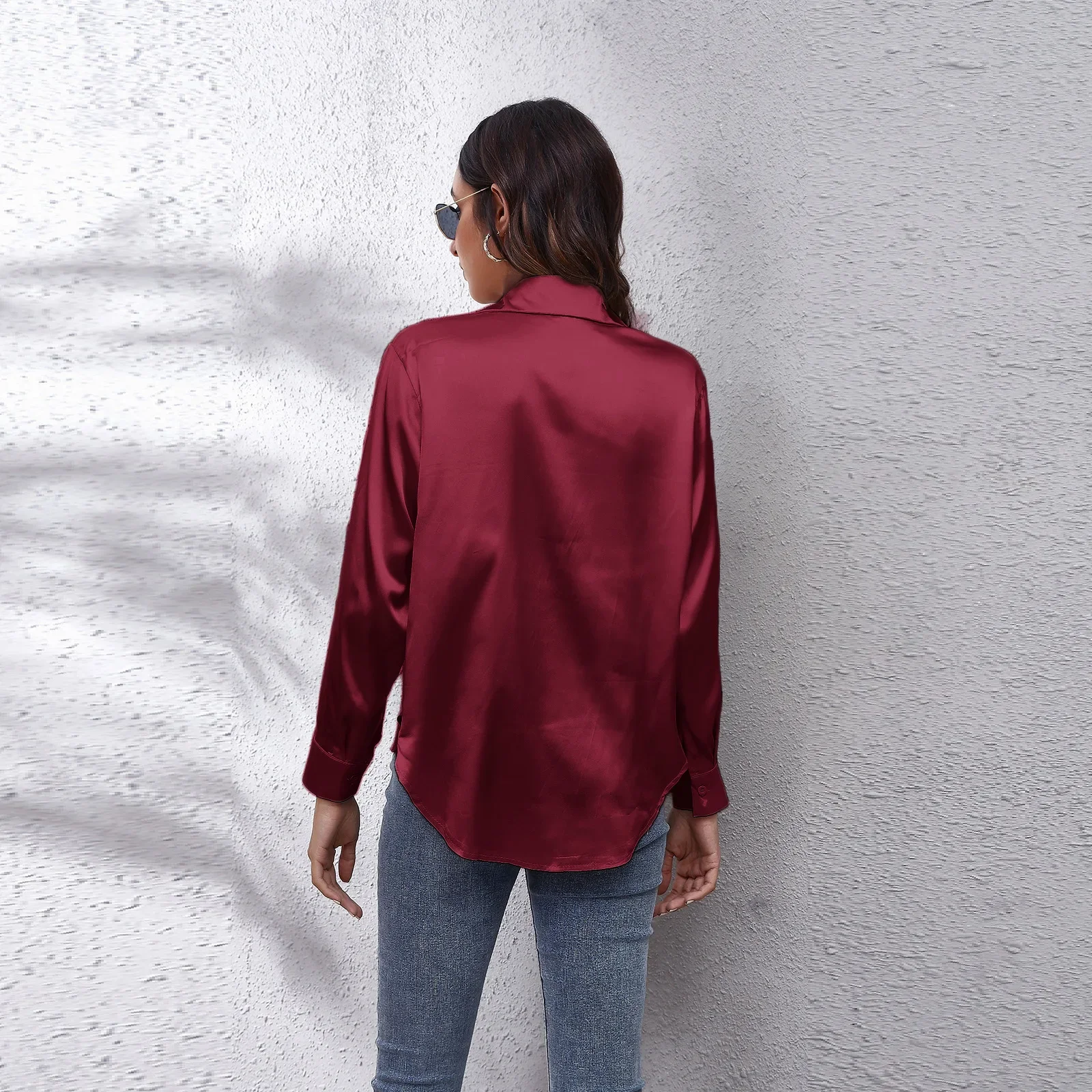 Autumn Women Solid Satin Shirt Long Sleeve Imitation Silk Loose Button Up Blouse Shirt Ladies Tops Fashion Clothing