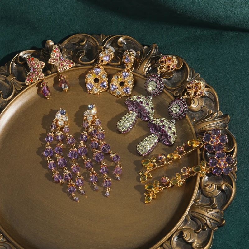 Antique Jewelry Transparent Purple Crystal Pink Flower Earrings Drop Glass Vintage for Women Gold Color Gifts Luxury 2025 New