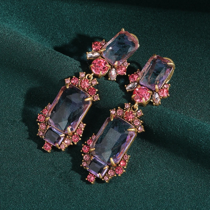 Antique Jewelry Transparent Purple Crystal Pink Flower Earrings Drop Glass Vintage for Women Gold Color Gifts Luxury 2025 New