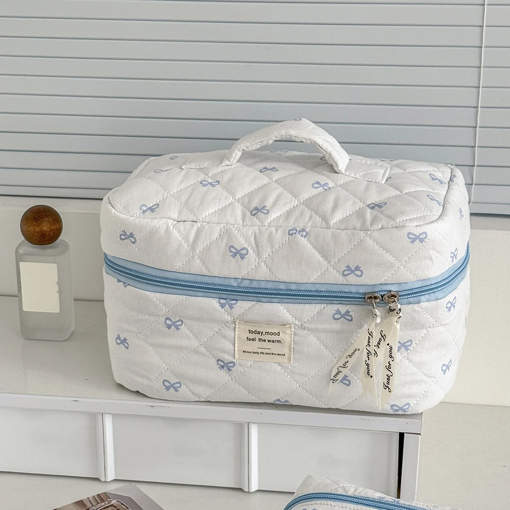 Fashion Blue Bow Quilted Women Cosmetic Bag Large Capacity Makeup Storage Handbag Travel Pouch 3 Type Ladies Zipper Makeup Bag