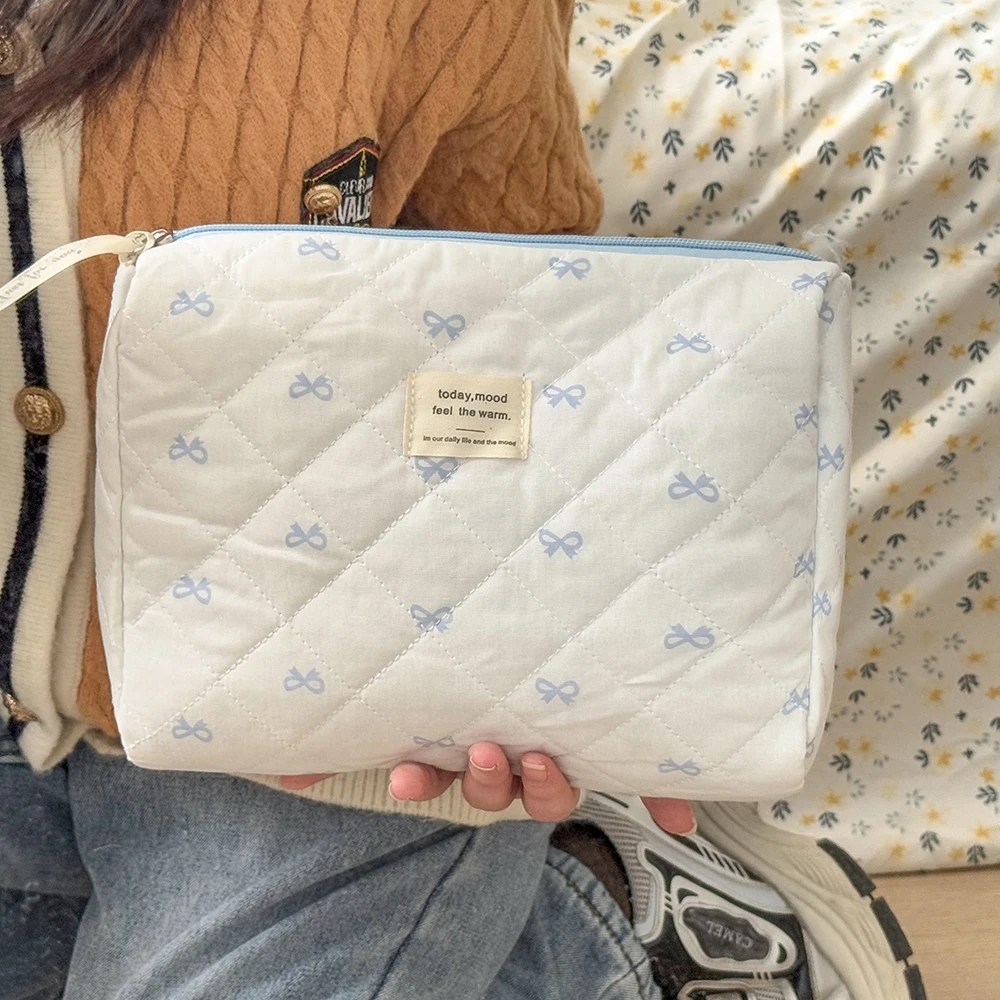 Fashion Blue Bow Quilted Women Cosmetic Bag Large Capacity Makeup Storage Handbag Travel Pouch 3 Type Ladies Zipper Makeup Bag