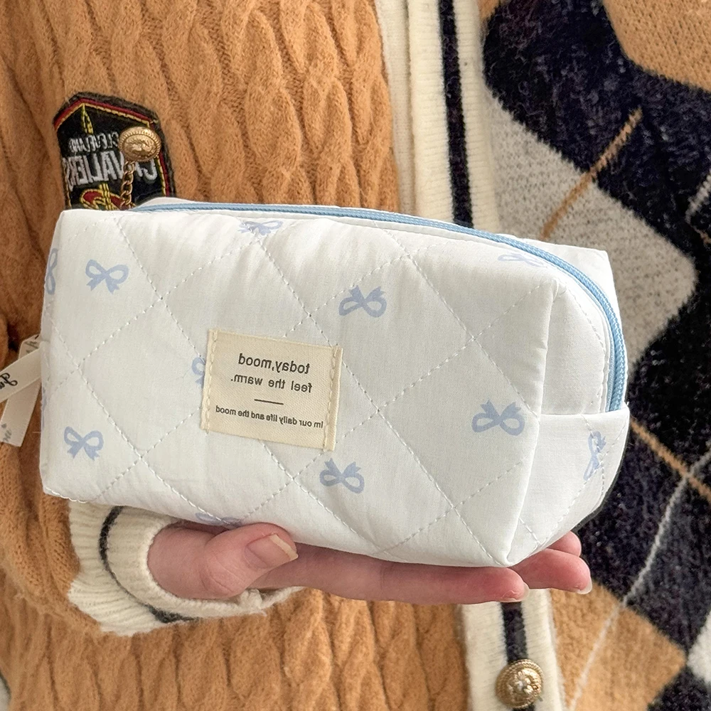 Fashion Blue Bow Quilted Women Cosmetic Bag Large Capacity Makeup Storage Handbag Travel Pouch 3 Type Ladies Zipper Makeup Bag
